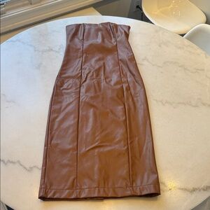 NWOT Vegan leather strapless cognac dress with vented slit in back